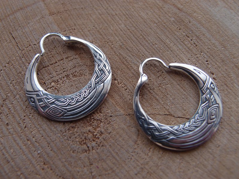 Odin Raven Hoops Sterling Silver Big Pair of Earrings Huginn and Muninn - 耳環/耳夾 - 純銀 