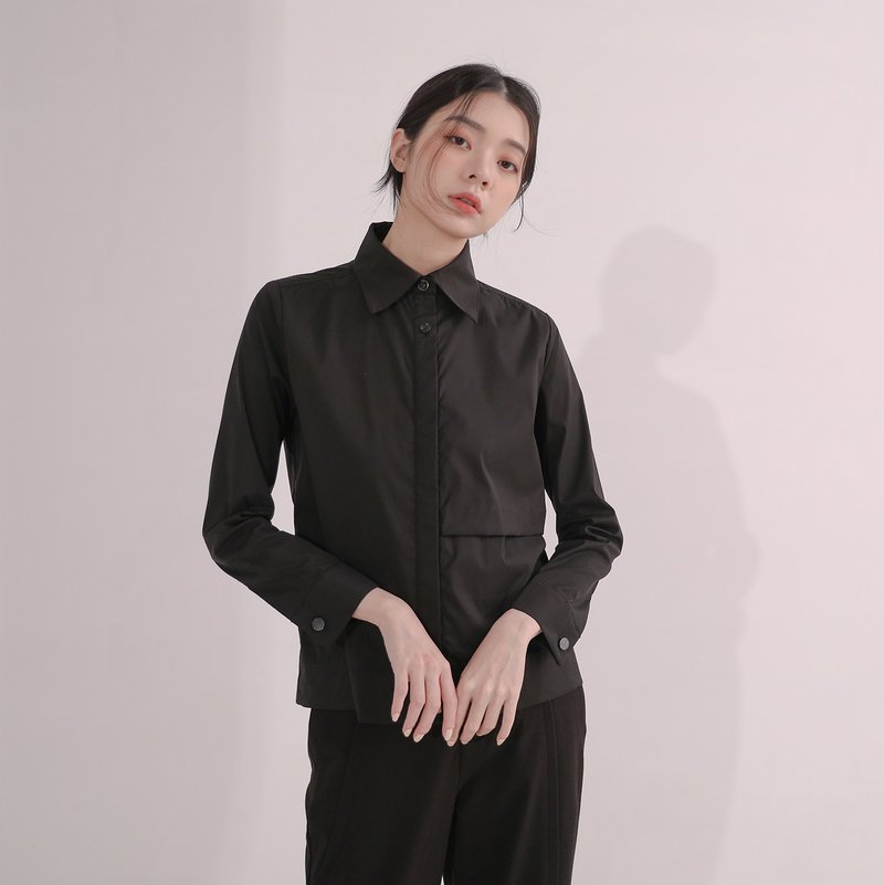 【經典原創】Lueying_掠影不對稱雙層襯衫_CLT509_黑 - 女大衣/外套 - 棉．麻 黑色