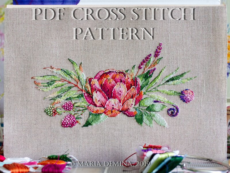 Raspberry & Artichoke Bouquet I - watercolor PDF cross stitch pattern - 手工藝教學/工具書 - 其他材質 