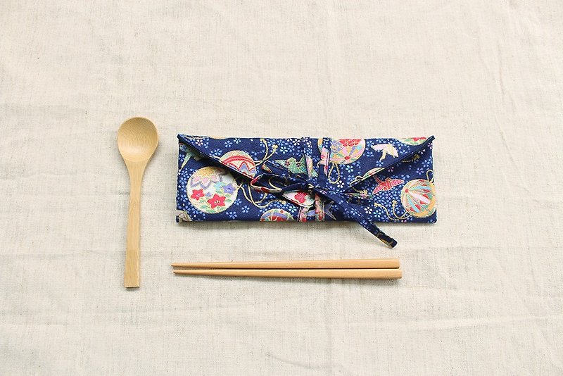 日式風格橫式環保筷套/收納袋 筆袋 - 筷子/筷架 - 棉．麻 藍色