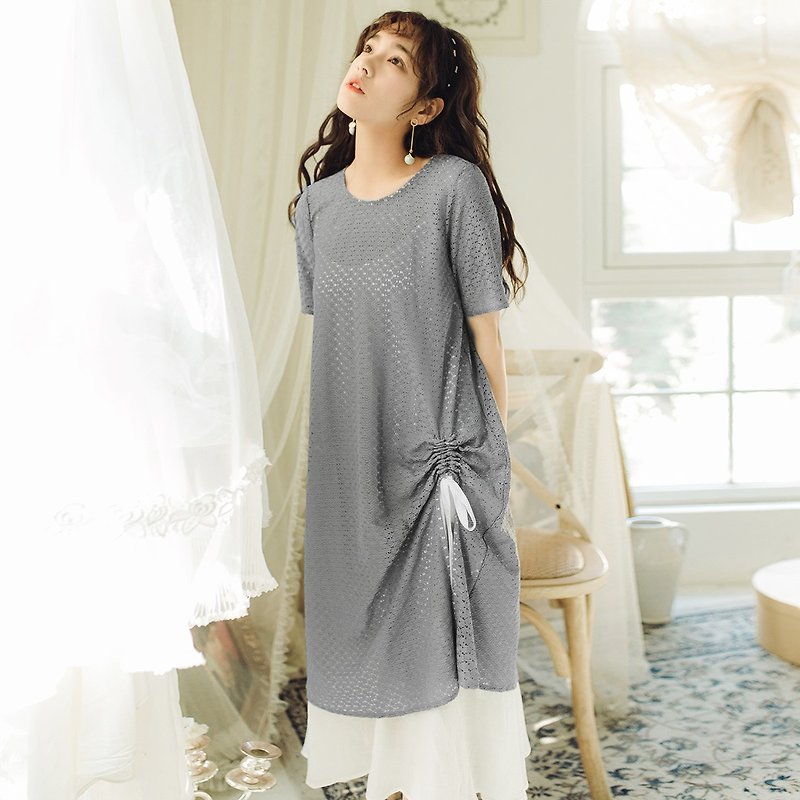 Anne Chen 2018 summer new style art women's two-piece short-sleeved dress skirt dress - One Piece Dresses - Polyester Gray