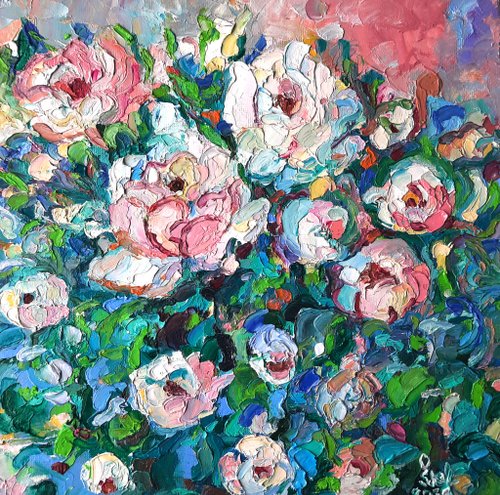 Peonies Painting Original Art  Abstract Flower Impasto Oil Painting by OlgaShel