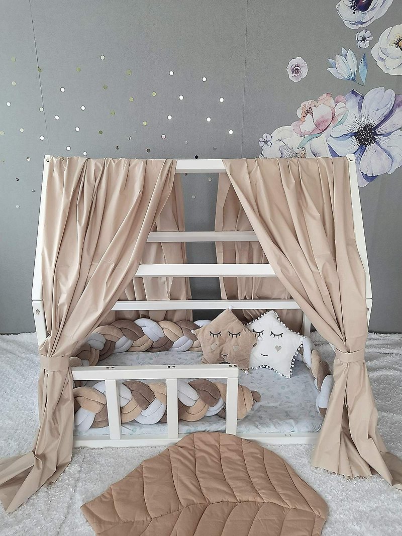 Montessori bed canopy (Set of 2 Pcs) Beige tulle canopy, bed baldachine - Kids' Furniture - Cotton & Hemp Multicolor