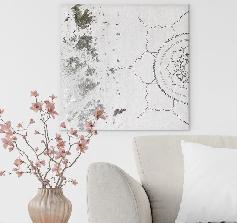 Spiritual wall art White mandala Silver zen art Meditation yoga decor Flower art - 壁貼/牆壁裝飾 - 壓克力 白色