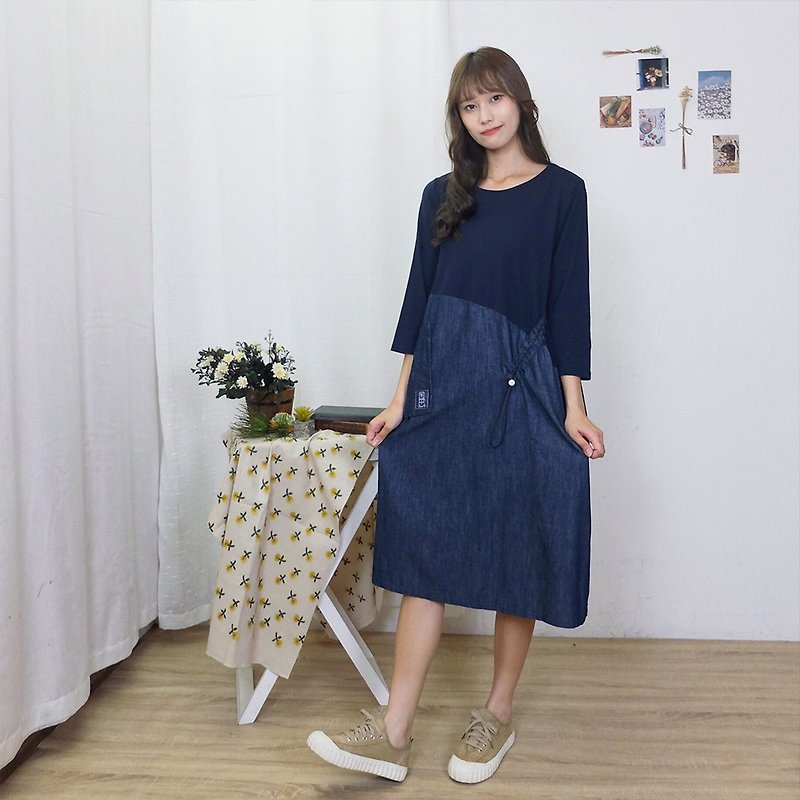 Hana Mokuba knitted paneled asymmetrical three-quarter-sleeve denim dress - One Piece Dresses - Cotton & Hemp 