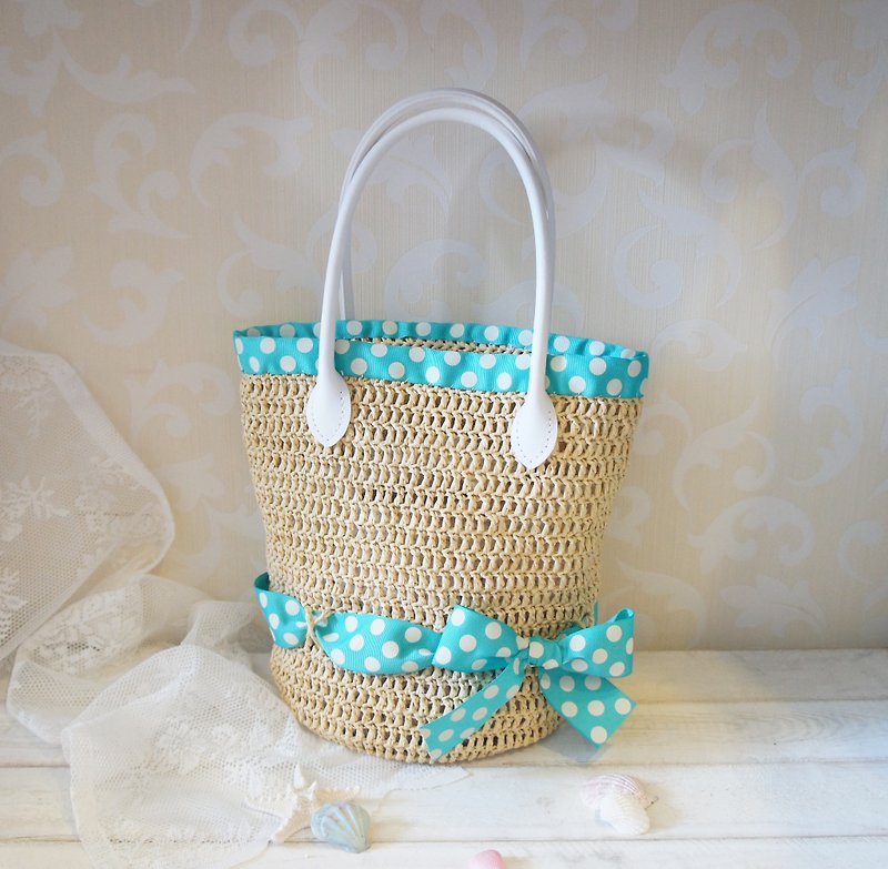 Hand-woven - summer tour water jade little bow decorated with water bucket bag / handbag (including inside) ~ - กระเป๋าถือ - วัสดุอื่นๆ 
