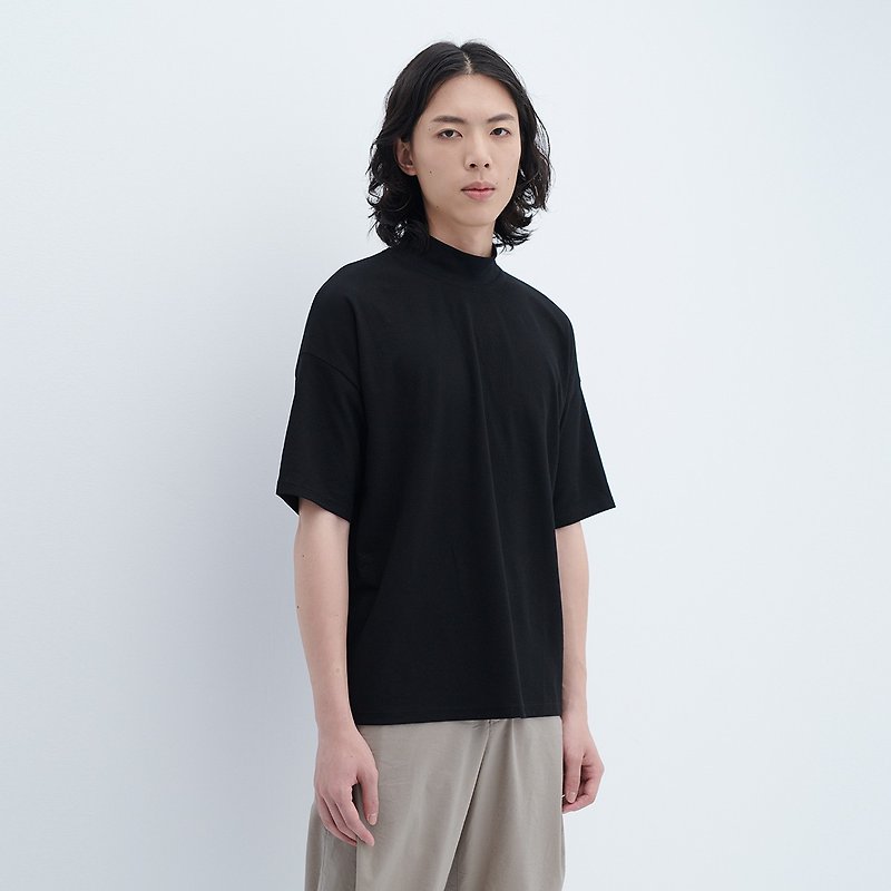 TRAN - 針織高領TEE - 男 T 恤 - 棉．麻 黑色