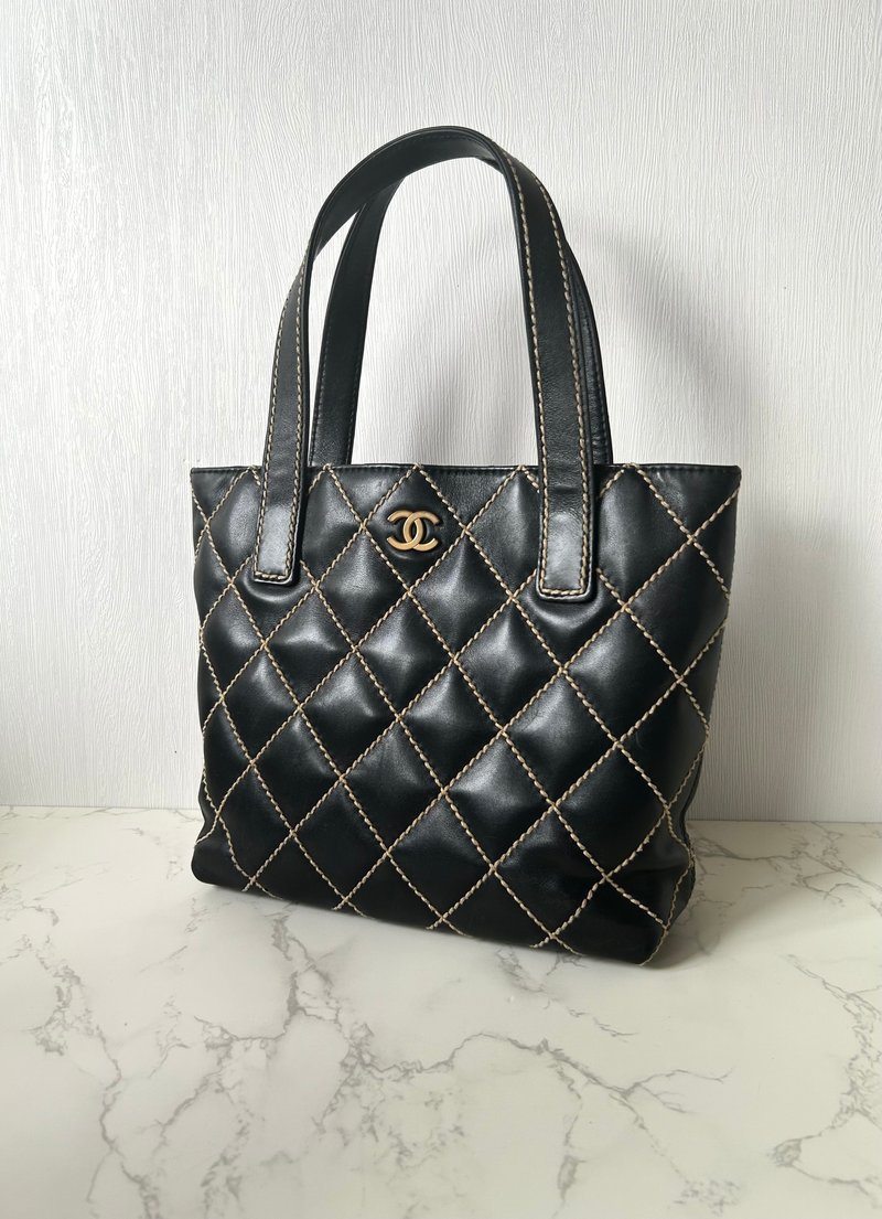 稀有中古包 Chanel Vivian黑色皮革托特包 單肩包 側背包 古著包 - 側背包/斜背包 - 真皮 黑色