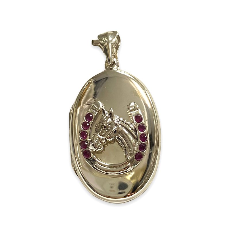 Victorian Style Horse and Horseshoe Locket Pendant and Ruby 925 Sterling Silver - Necklaces - Sterling Silver Silver