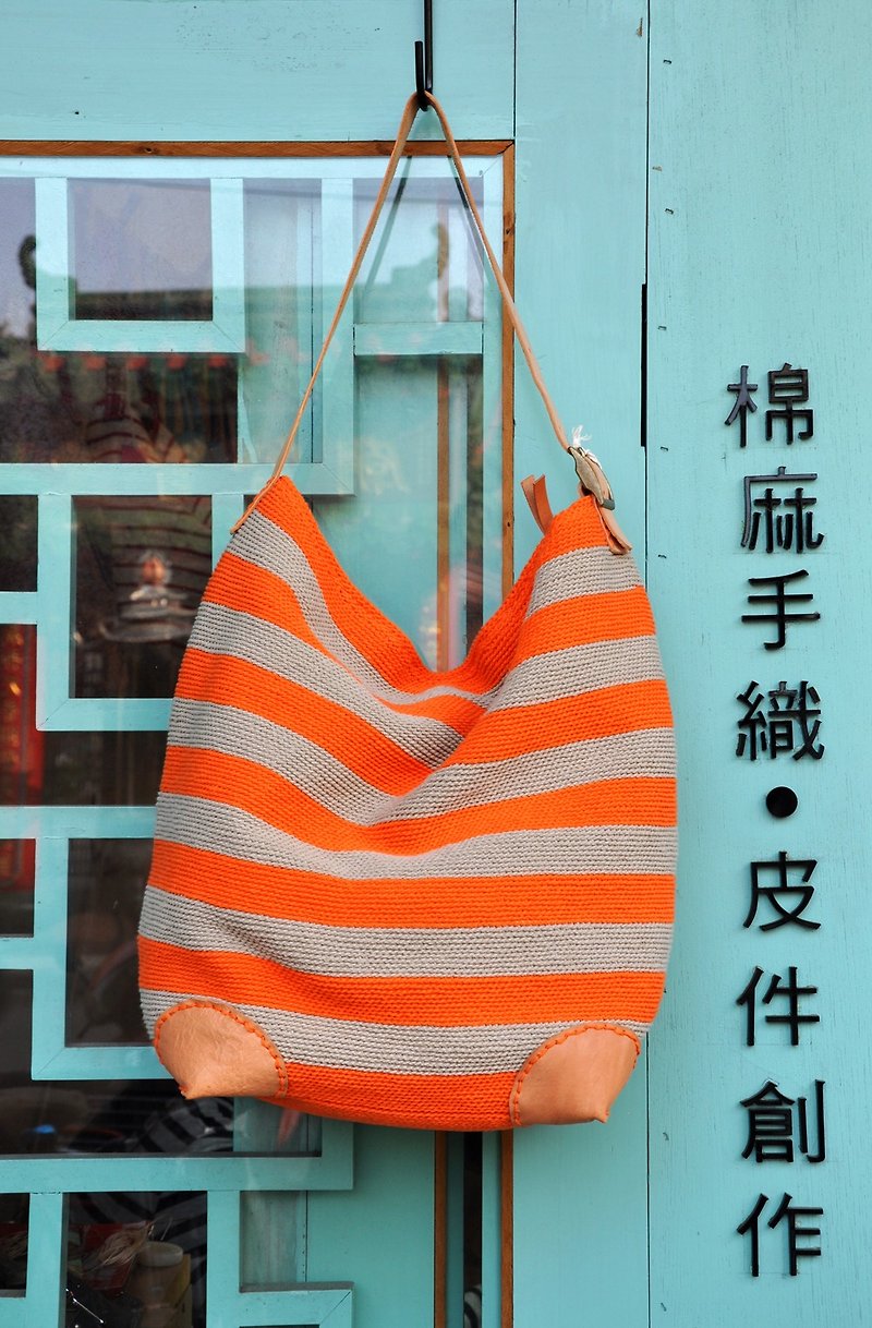 Happy Sailor - Cotton twine hand-crocheted shoulder bag - กระเป๋าแมสเซนเจอร์ - ผ้าฝ้าย/ผ้าลินิน 