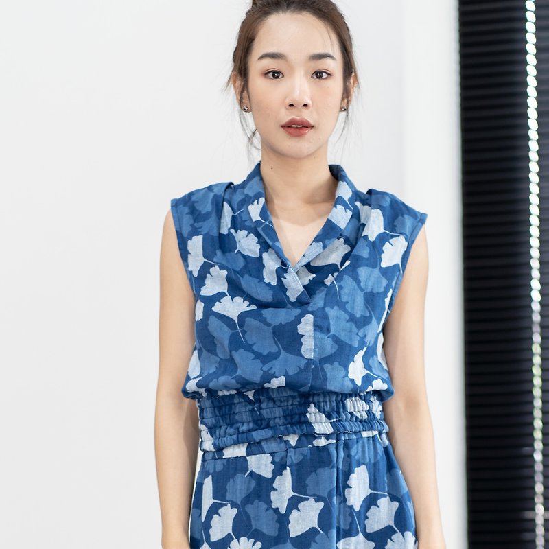 Natural Cotton Blouse with detailed Collar Summer Blouse - Blue Leaf - Women's Tops - Cotton & Hemp Blue