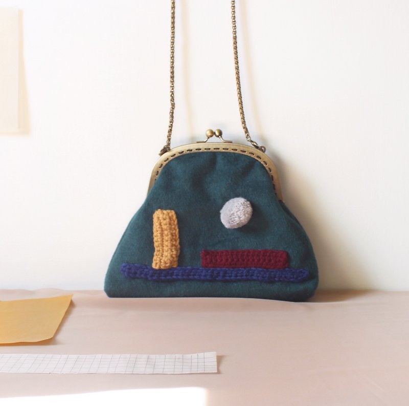 Geometric wool color block mouth gold bag - Messenger Bags & Sling Bags - Wool Green