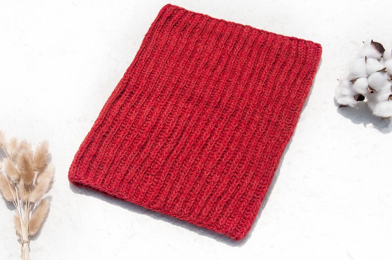 Hand Knitted Wool Scarf / Knit Bib / Crochet Striped Bib / Hand Knit Bib - Sunshine Red - ผ้าพันคอถัก - ขนแกะ สีแดง