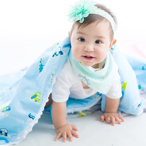 Cutie Bella 美好生活精品館 Minky加厚夾層棉毯枕套裝 點點顆粒 攜帶毯嬰兒毯 藍色-車車