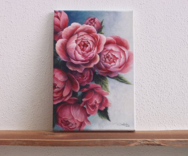 原画・ 手描き A4額付アクリル絵画『うすい光のなかで』薔薇・バラ