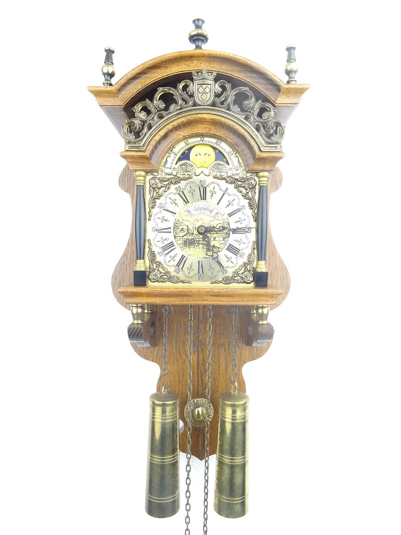 アンティーク ヴィンテージ オランダ製掛け時計 ウォーミンク ウーバ サランダー ムーンフェイズ 8日 - 時計 - 木製 ブラウン