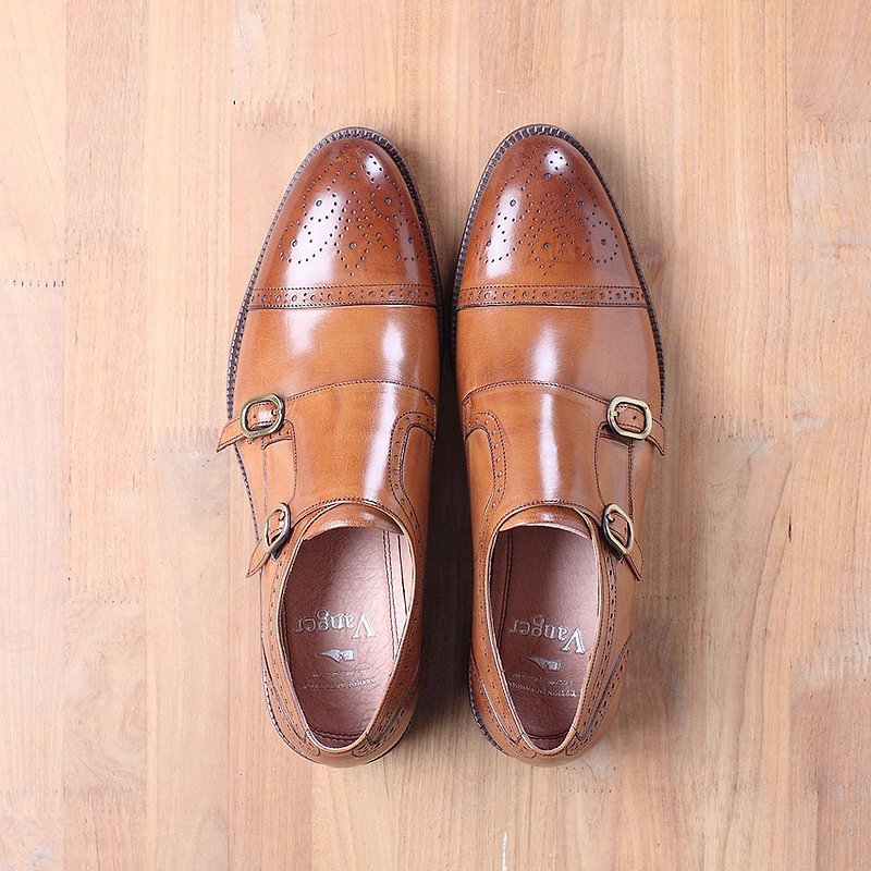 Vanger leather carved double buckle monk shoes Va225 brown - รองเท้าลำลองผู้ชาย - หนังแท้ สีนำ้ตาล
