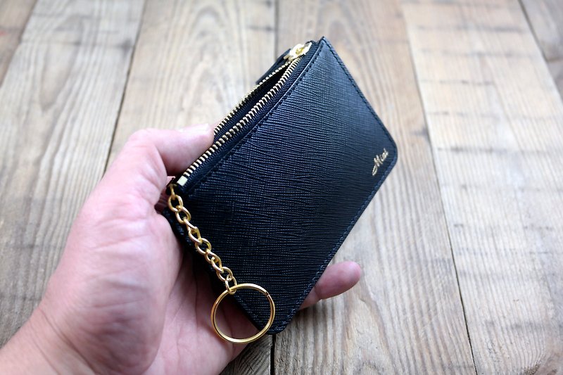 APEE leather handmade ~ zipper lock bag, key case ~ cross fine grain black - Keychains - Genuine Leather Black