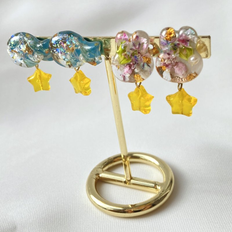 Sparkling Animal x Star Earrings Animal Rabbit Fish Star Resin Glitter Dried Flo - Earrings & Clip-ons - Resin Pink