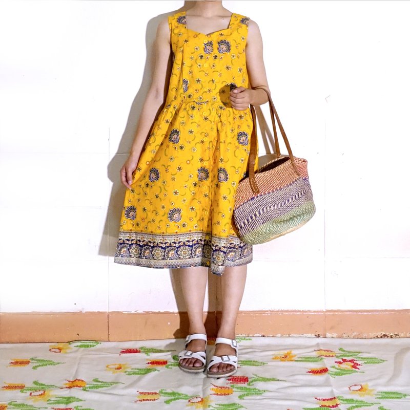 BajuTua / vintage / Ming yellow flowers vest dress - One Piece Dresses - Cotton & Hemp Yellow