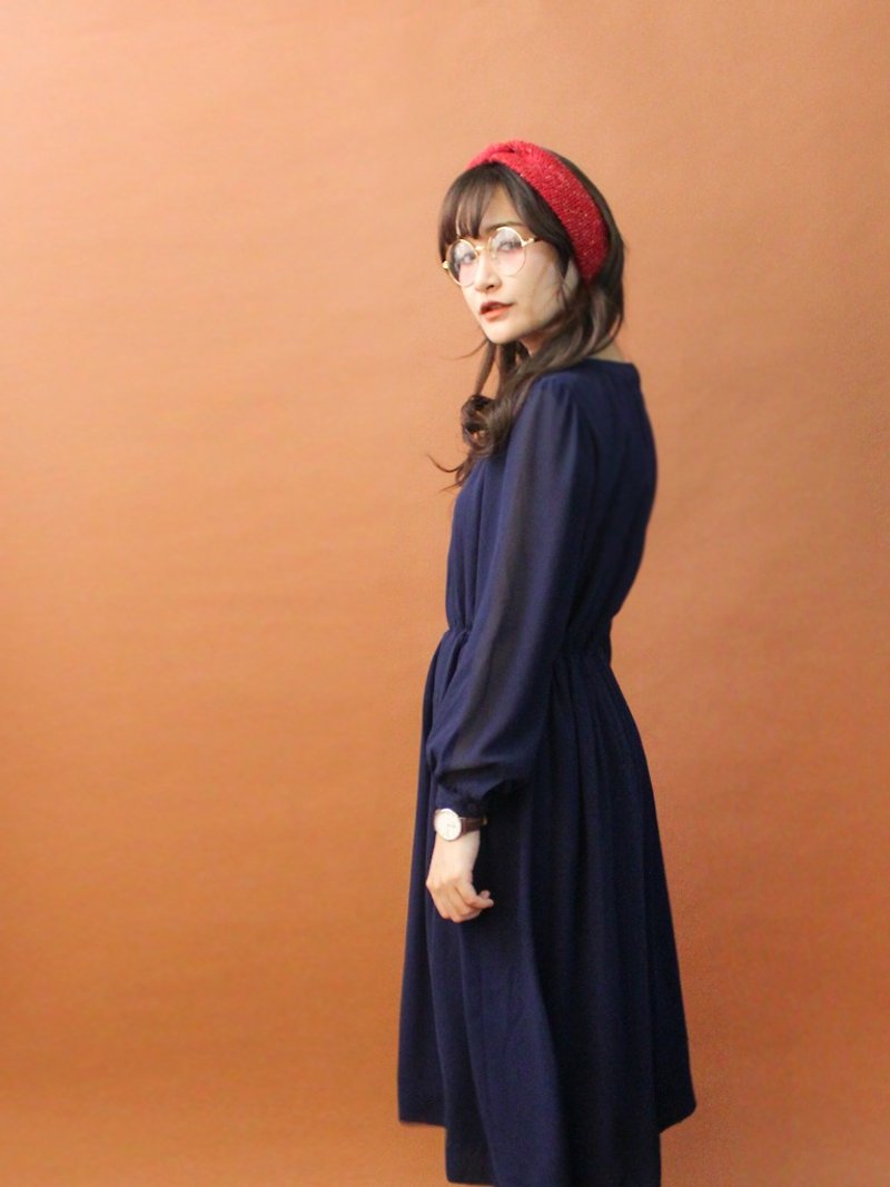 復古秋冬素色純色深藍色簡約長袖古著洋裝 Vintage Dress - 連身裙 - 聚酯纖維 藍色