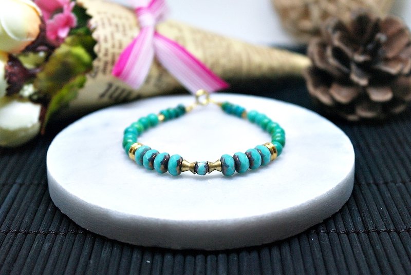 Natural stone bracelet _ x Bronze button green autumn ➪ Turquoise limited X1 # # - Bracelets - Gemstone Green