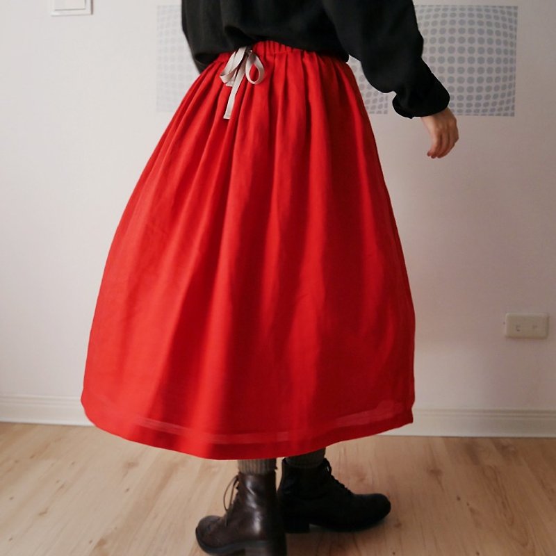 Drawstring side pockets fold rear red ramie hand-made dress (with lining) - กระโปรง - ผ้าฝ้าย/ผ้าลินิน สีแดง