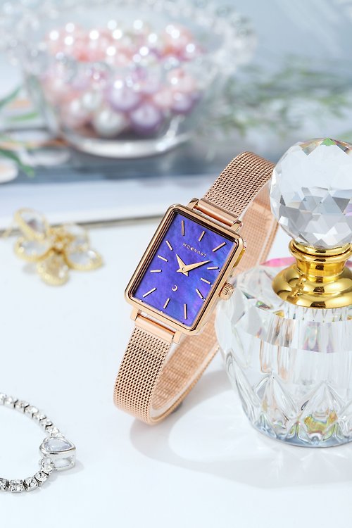 MOONART影月手錶品牌官方店 【MOONART】方型手錶 藝月系列-紫雨+ 女裝手錶 珍珠貝藝術手錶