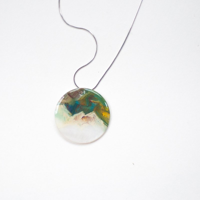 Snow Mountain Original Oil Painting Shell Art Jewelry Green Series - Necklaces - Shell Green