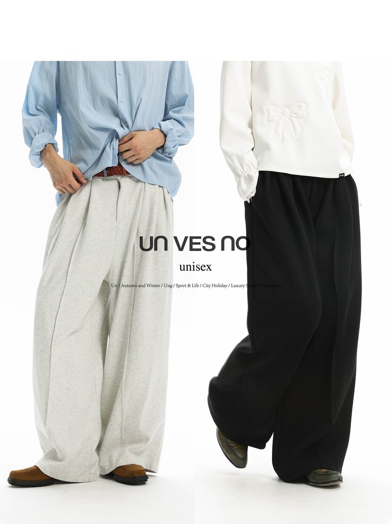 [Silhouette] Unvesno (UN) Heavy Double-sided Pleated Suit Pants Loose Wide-leg Knitted Casual Suit Pants - กางเกง - วัสดุอื่นๆ 