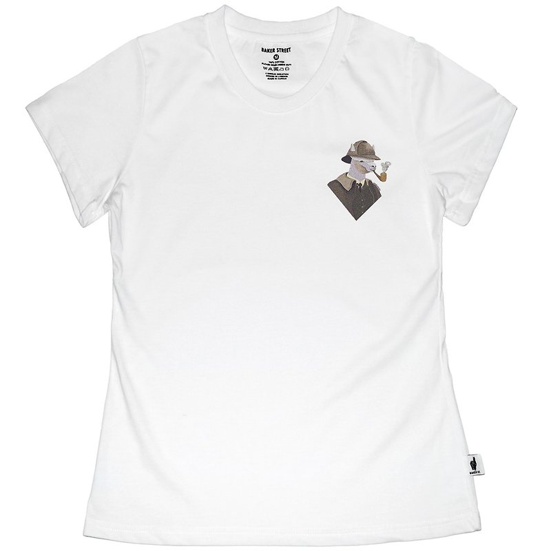 British Fashion Brand -Baker Street- Little Stamp:Sherlock Printed T-shirt - เสื้อยืดผู้หญิง - ผ้าฝ้าย/ผ้าลินิน ขาว