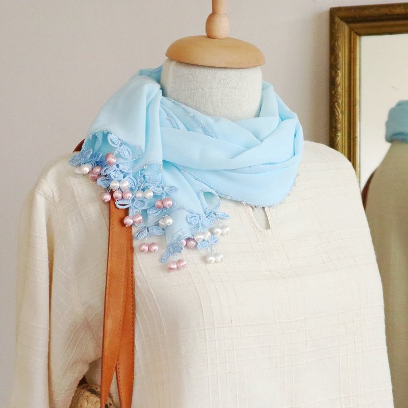 【Made to order】OYA crochet chiffon shawl【CHERRY】Baby Blue - ผ้าพันคอ - ไฟเบอร์อื่นๆ สีน้ำเงิน