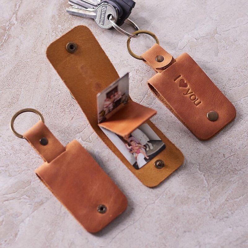 Leather keychain with photo cards, custom key holder - Keychains - Genuine Leather Brown