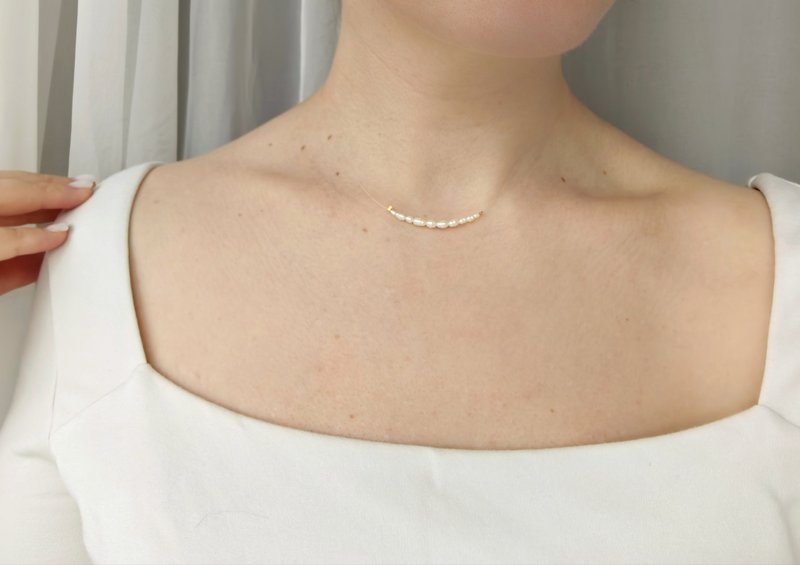 Invisible pearl Necklace. Minimalistic Illusion Necklace. String necklace. - Collar Necklaces - Pearl White