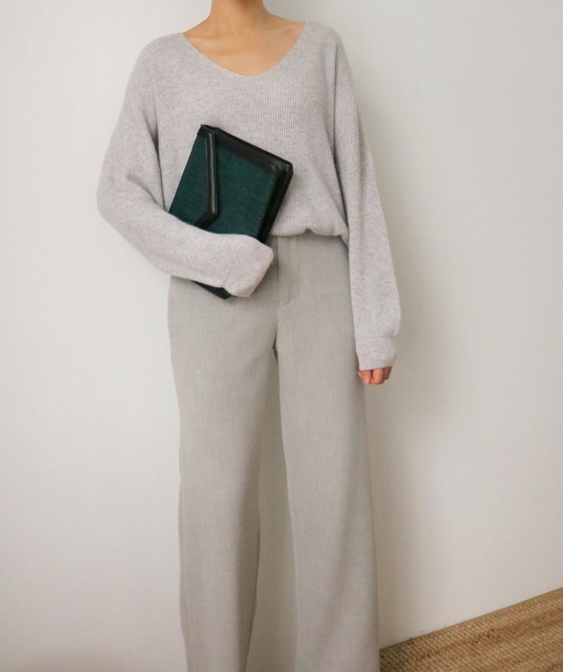 Re Sweater - Light Gray V領喀什米爾淺灰色羊毛長毛衣 多色可選 - 女毛衣/針織衫 - 羊毛 灰色