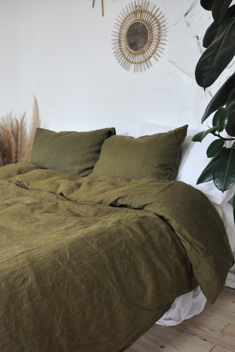 Dark olive linen duvet cover /Softened linen / Comforter cover / Quilt cover - 寢具/床包 - 亞麻 綠色