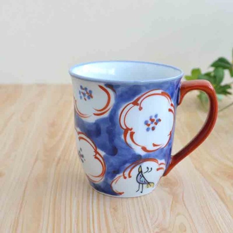 花卉與小鳥馬克杯 (紅色) 日式手作瓷杯 - 咖啡杯/馬克杯 - 陶 藍色