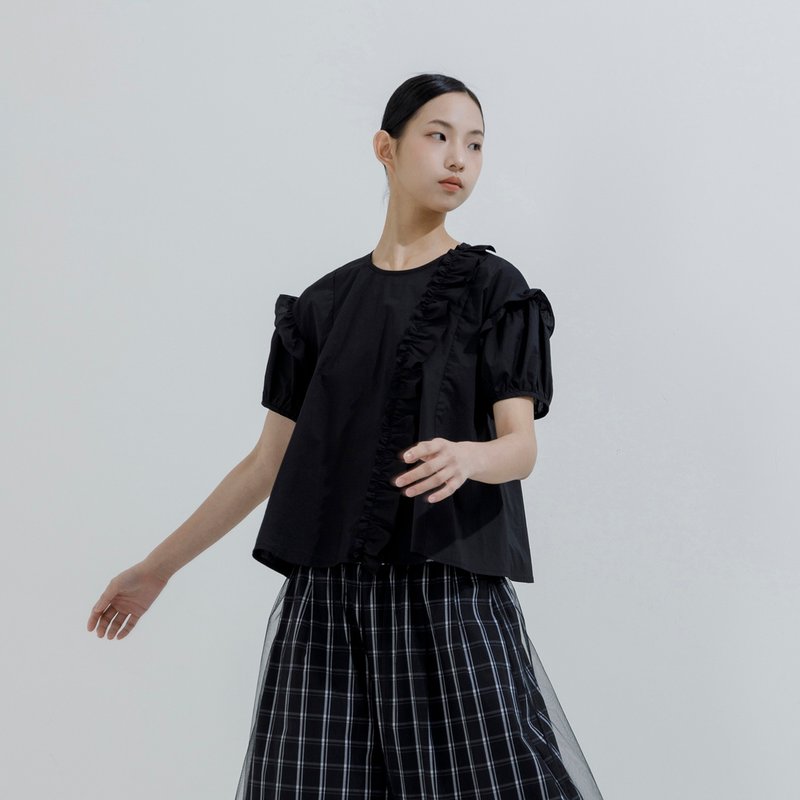 荷葉妝點泡袖上衣 - 女上衣/長袖上衣 - 棉．麻 黑色