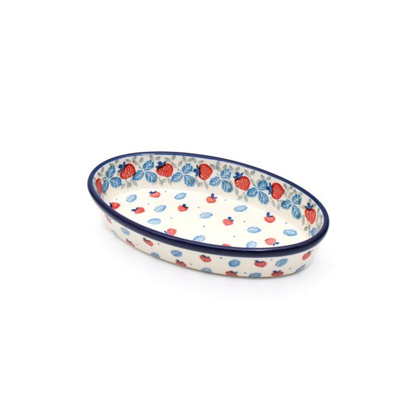 Polish pottery handmade-oval baking pan (small) blue strawberry - จานและถาด - ดินเผา 