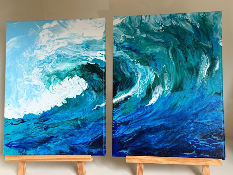 流體藝術 • 擺佈畫作 • 抽象原創丙烯酸畫擺佈畫作2x (20x30cm) - 海報/掛畫/掛布 - 棉．麻 藍色