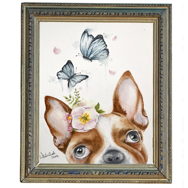 French Bulldog & Butterflies in Spring Water/Original painting/Handmade Gift - ของวางตกแต่ง - กระดาษ หลากหลายสี