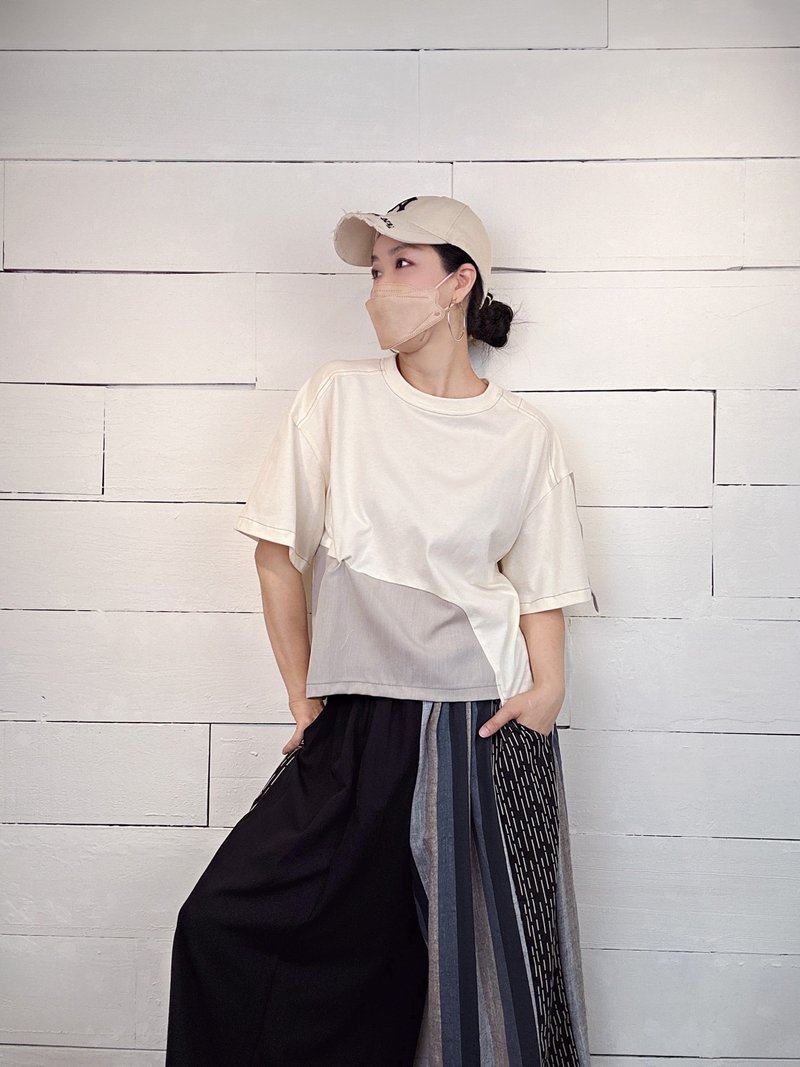 Off-White - Color Block Pleated T #U1122 - เสื้อยืดผู้หญิง - ผ้าฝ้าย/ผ้าลินิน สีกากี