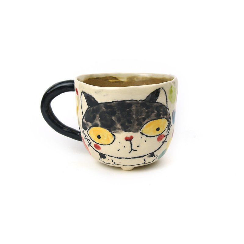 Nice Little Clay Handmade Big Mug Cute Cat 0103-66 - แก้วมัค/แก้วกาแฟ - ดินเผา ขาว