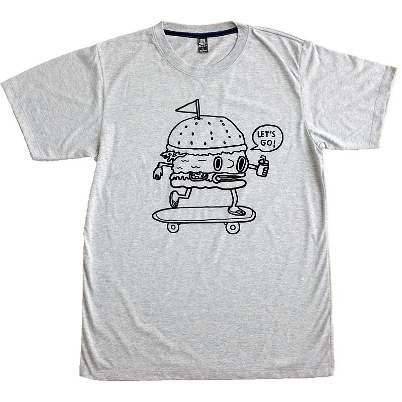 BURGER SKATEBOARDER illustration printing short-sleeved unisex cotton t-shirt - T 恤 - 棉．麻 灰色