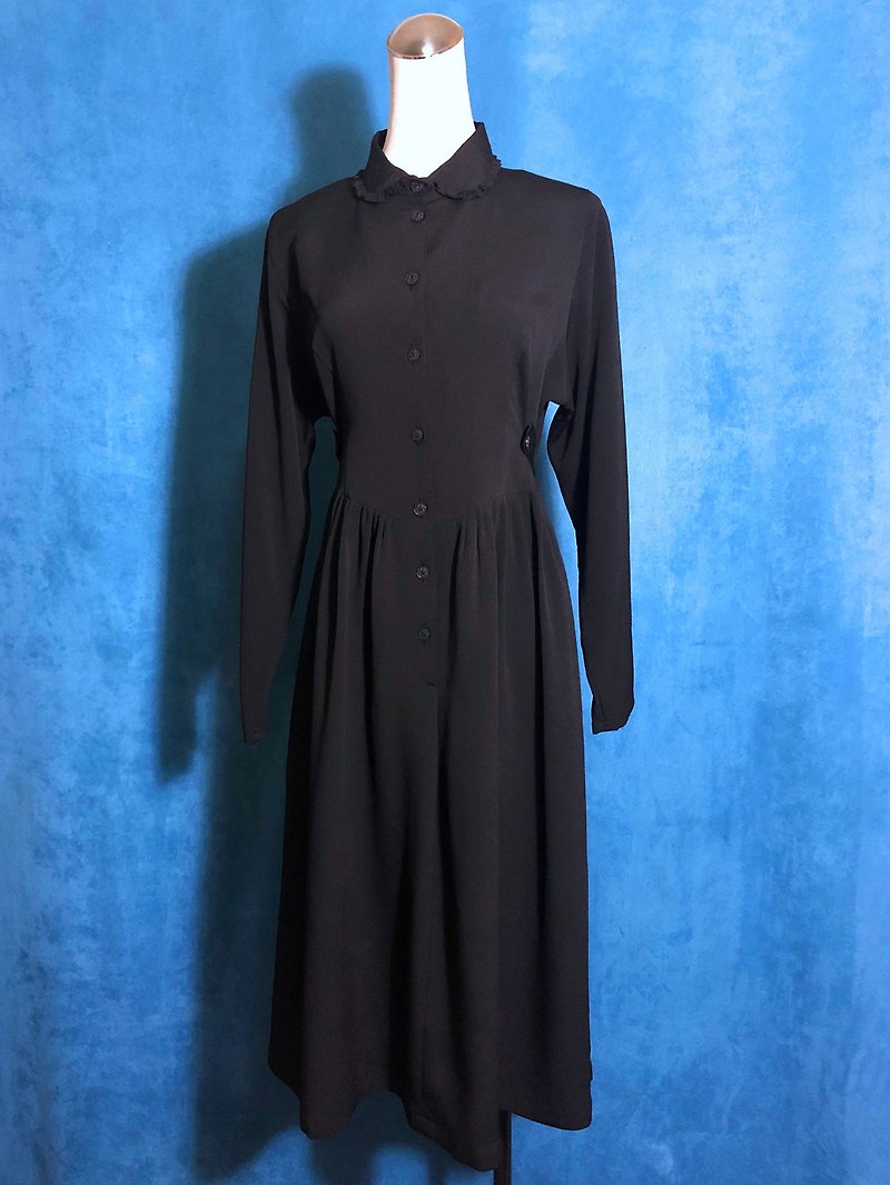 Solid color lotus leaf collar long sleeve vintage dress / abroad brought back VINTAGE - One Piece Dresses - Polyester Black