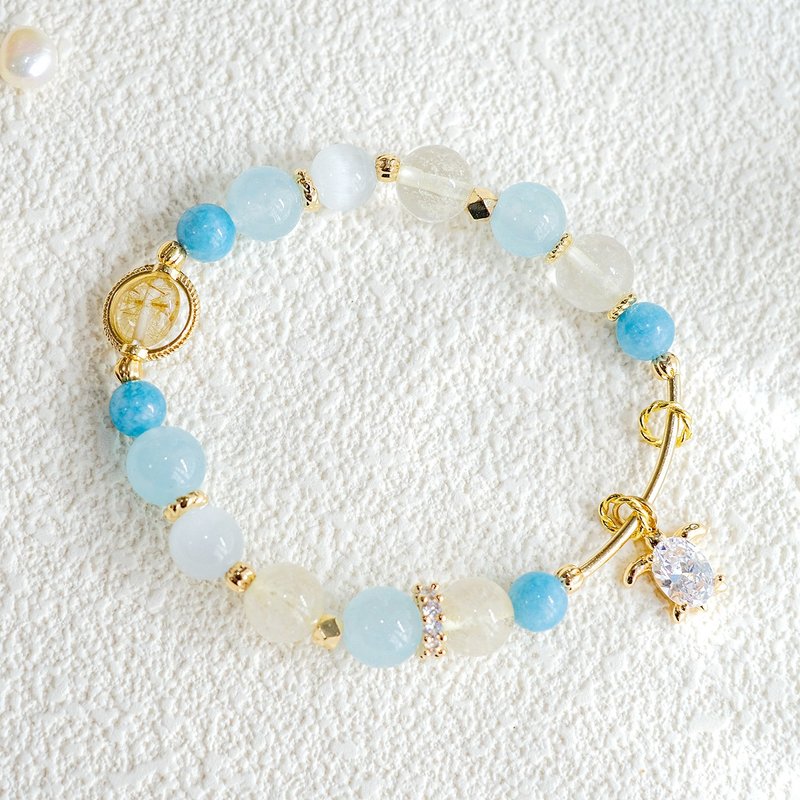 Between the islands and waves. Aquamarine blonde crystal blue chalcedony 14K gold bracelet. Help people/communicate/recruit money - Bracelets - Crystal Blue