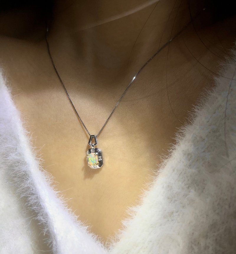 Square • Opal Opal Opal s925 Silver necklace - สร้อยคอ - เครื่องประดับพลอย ขาว