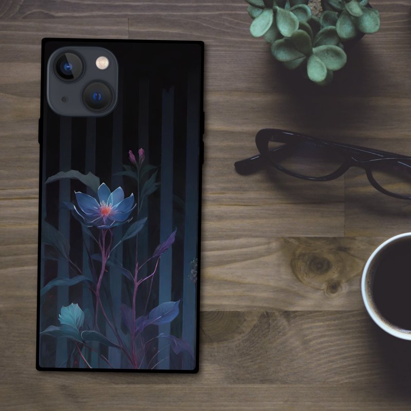 A square smartphone case with a border pattern of plants in indigo and pastel colors that evokes a beautiful and mysterious feeling [tempered glass finish] Compatible with iPhone 16 - Phone Cases - Plastic Multicolor