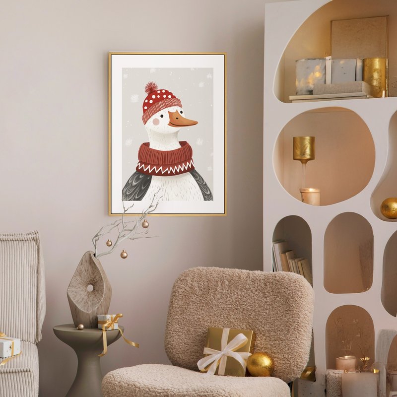 A Snowy Christmas Day for the Little Duck - Wall Prints, Christmas gift - โปสเตอร์ - ผ้าฝ้าย/ผ้าลินิน สีแดง