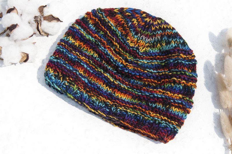Mountaineering hat, camping hat, travel hat, snow hat, contrast woolen hat, Christmas gift, hand-knitted pure wool hat/knitted hat/knitted woolen hat/inner bristles, hand-knitted woolen hat/wool hat-rainbow